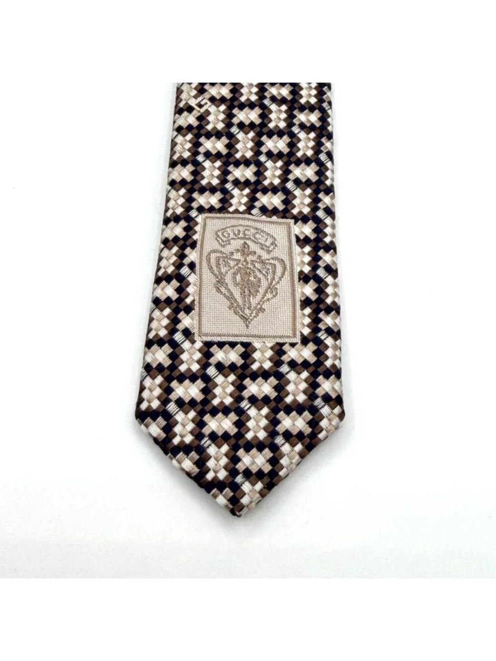 Gucci Italy Neutral Shades Geometric Pattern 100% Silk Designer Tie 59